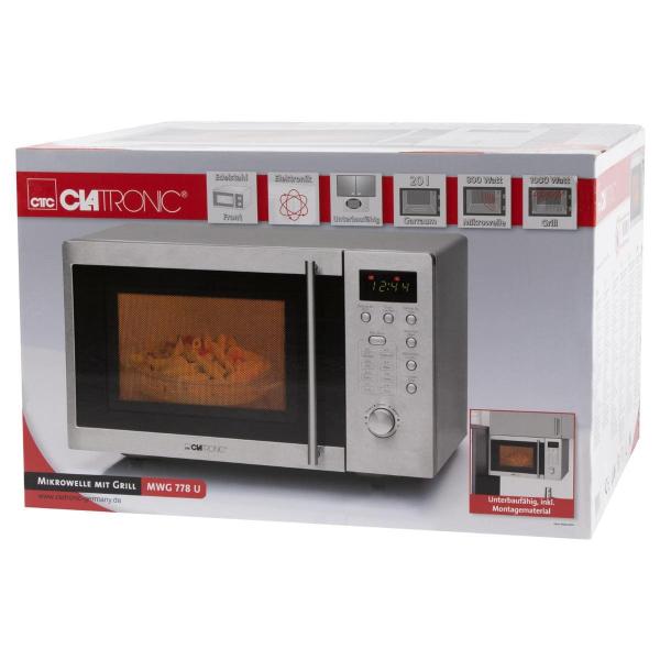 Clatronic MWG 778 U Unterbau Mikrowelle mit Grill, 1000W, Garraumvolumen 20 l, edelstahl