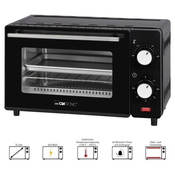 Clatronic MB 3746 Mini-Backofen, 650 W, 8 Liter Backraum, Ober- und Unterhitze, schwarz