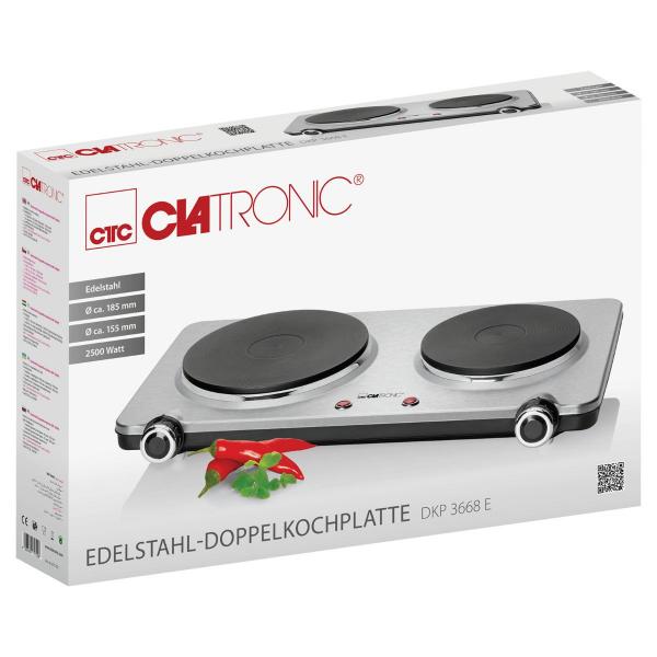 Clatronic DKP 3668 E Doppelkochplatte, 1000/1500 W, 2 Thermostate, stufenlos, edelstahl/schwarz (271722)