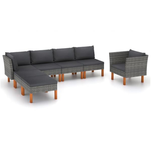 ARDEBO.de - 7-tlg. Garten-Lounge-Set Poly Rattan und Eukalyptusholz Grau