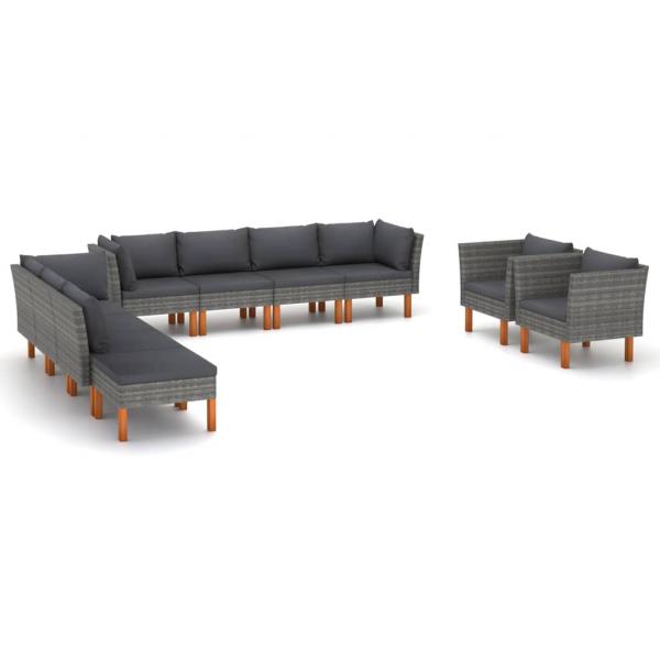 ARDEBO.de - 10-tlg. Garten-Lounge-Set Poly Rattan und Eukalyptusholz Grau