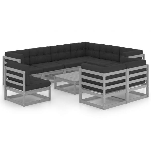 ARDEBO.de - 10-tlg. Garten-Lounge-Set mit Kissen Grau Massivholz Kiefer