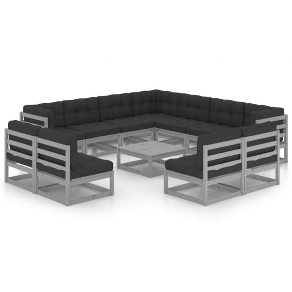 ARDEBO.de - 12-tlg. Garten-Lounge-Set mit Kissen Grau Massivholz Kiefer