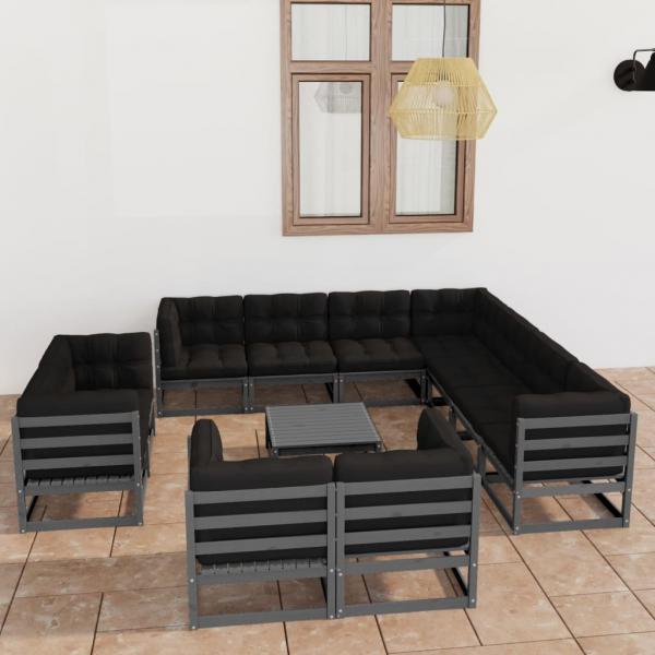 ARDEBO.de - 12-tlg. Garten-Lounge-Set mit Kissen Grau Massivholz Kiefer