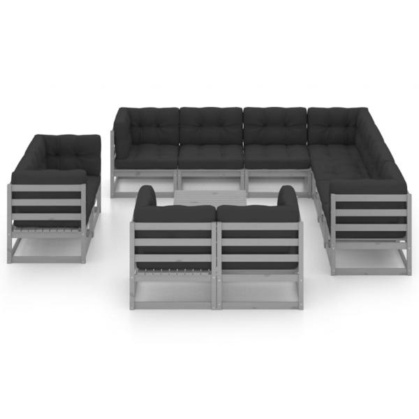 12-tlg. Garten-Lounge-Set mit Kissen Grau Massivholz Kiefer