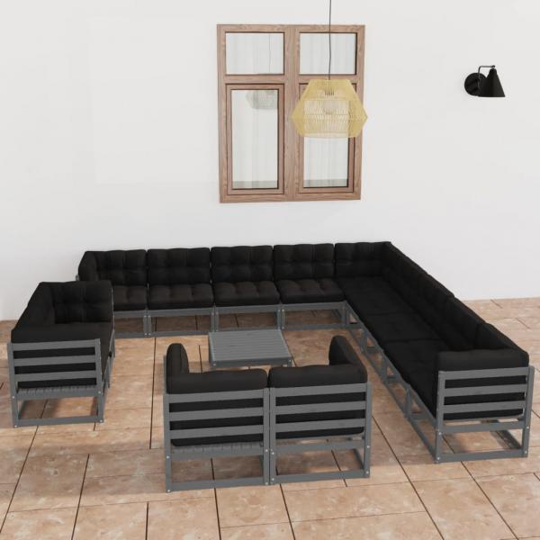 ARDEBO.de - 14-tlg. Garten-Lounge-Set mit Kissen Grau Massivholz Kiefer