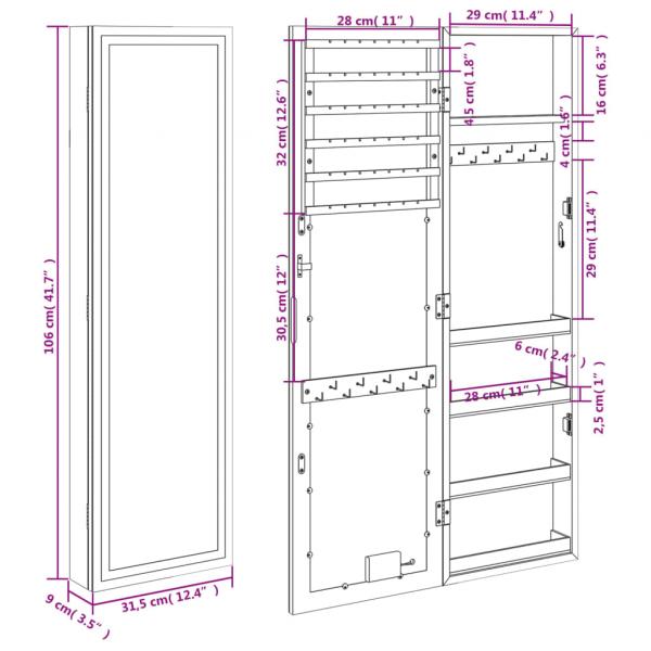 Spiegel-Schmuckschrank mit LED-Beleuchtung Wandmontage Schwarz