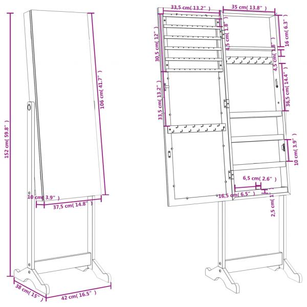 Spiegel-Schmuckschrank Freistehend Weiß 42x38x152 cm