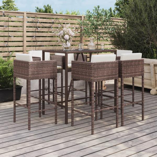 ARDEBO.de - 7-tlg. Gartenbar-Set mit Kissen Braun Poly Rattan