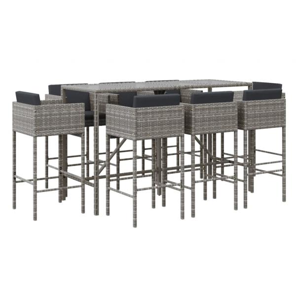 9-tlg. Gartenbar-Set mit Kissen Grau Poly Rattan