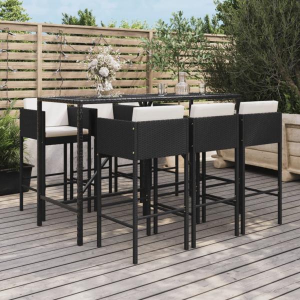 ARDEBO.de - 7-tlg. Gartenbar-Set mit Kissen Schwarz Poly Rattan