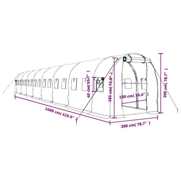 Gewächshaus mit Stahlrahmen Weiß 32 m² 16x2x2 m