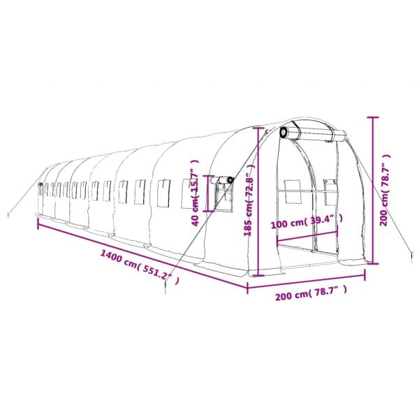 Gewächshaus mit Stahlrahmen Grün 28 m² 14x2x2 m