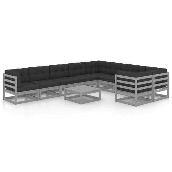 10-tlg. Garten-Lounge-Set mit Kissen Grau Massivholz Kiefer