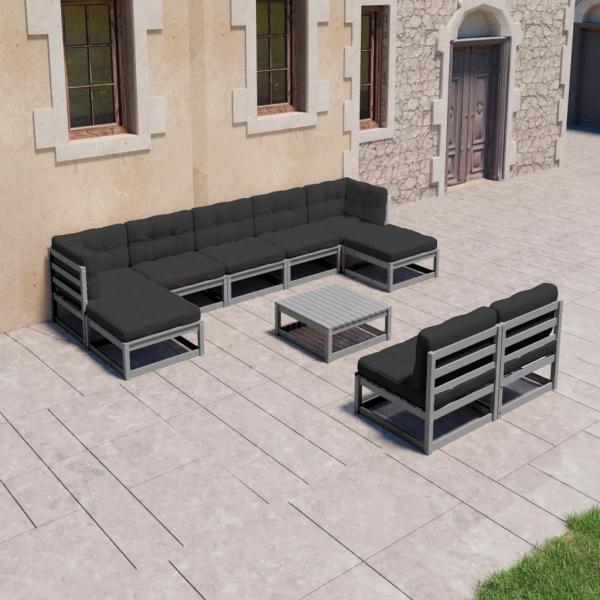 ARDEBO.de - 10-tlg. Garten-Lounge-Set mit Kissen Grau Massivholz Kiefer