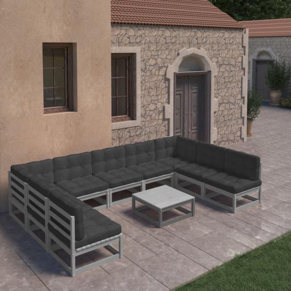 ARDEBO.de - 10-tlg. Garten-Lounge-Set mit Kissen Grau Massivholz Kiefer