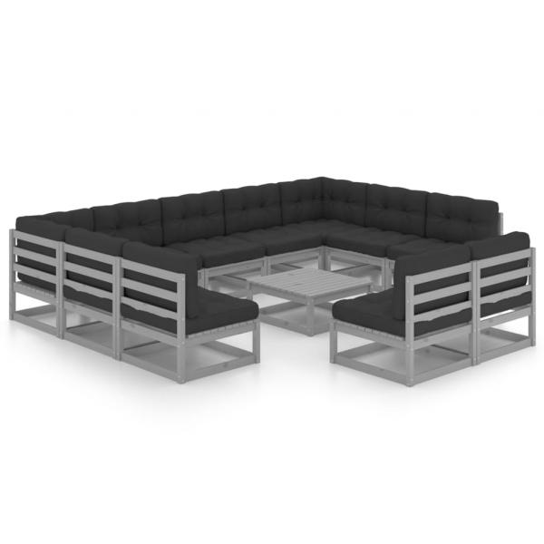 12-tlg. Garten-Lounge-Set mit Kissen Grau Massivholz Kiefer