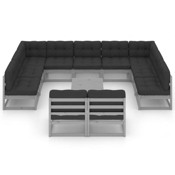 12-tlg. Garten-Lounge-Set mit Kissen Grau Massivholz Kiefer