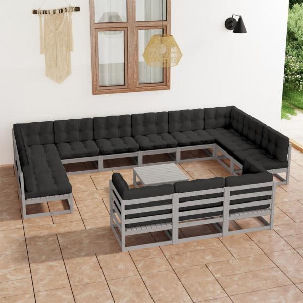 ARDEBO.de - 14-tlg. Garten-Lounge-Set mit Kissen Grau Massivholz Kiefer