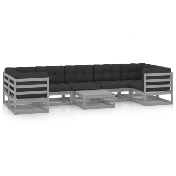 8-tlg. Garten-Lounge-Set mit Kissen Grau Massivholz Kiefer