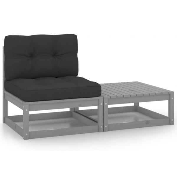 ARDEBO.de - 2-tlg. Garten-Lounge-Set mit Kissen Grau Kiefer Massivholz