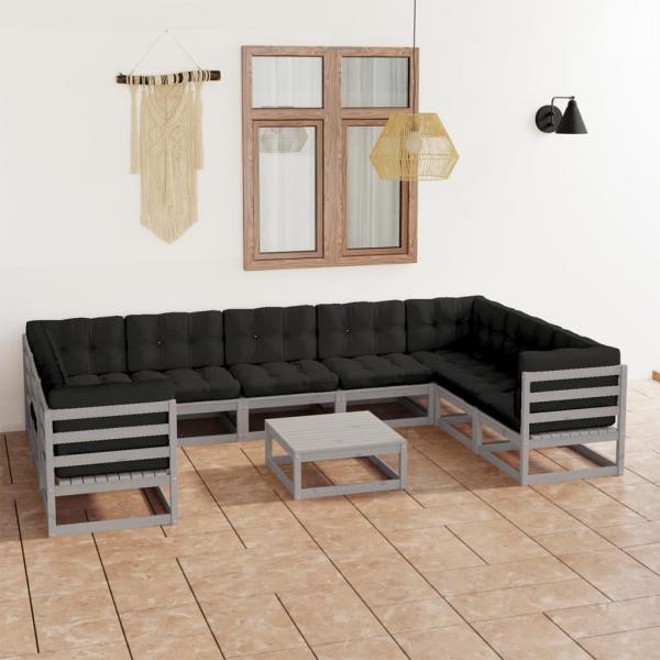 ARDEBO.de - 10-tlg. Garten-Lounge-Set mit Kissen Grau Massivholz Kiefer