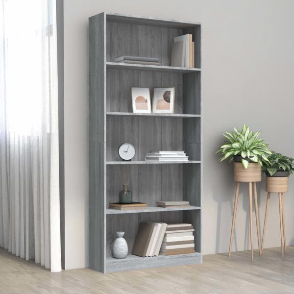 ARDEBO.de - Bücherregal 5 Fächer Grau Sonoma-Eiche 80x24x175 Holzwerkstoff