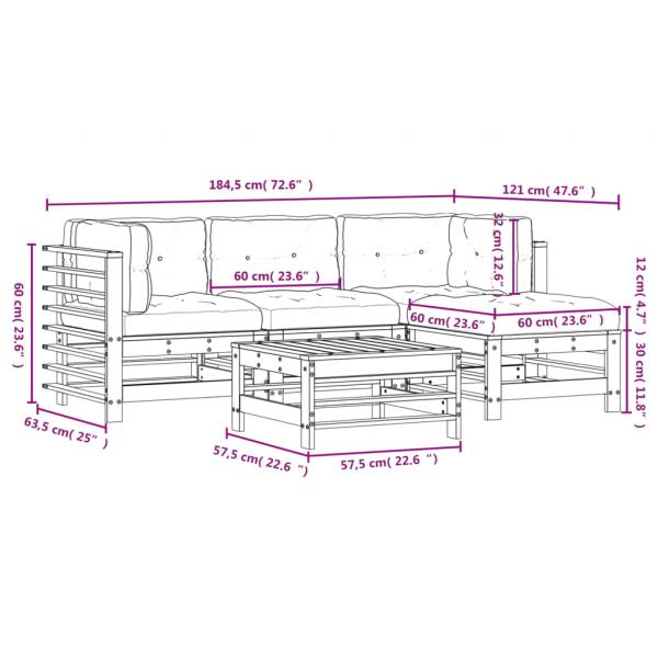 5-tlg. Garten-Lounge-Set mit Kissen Weiß Massivholz