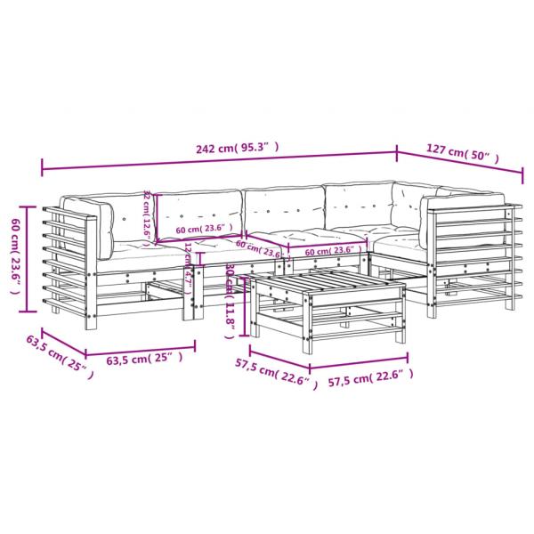 6-tlg. Garten-Lounge-Set mit Kissen Grau Massivholz