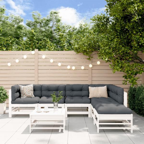 ARDEBO.de - 7-tlg. Garten-Lounge-Set mit Kissen Weiß Massivholz