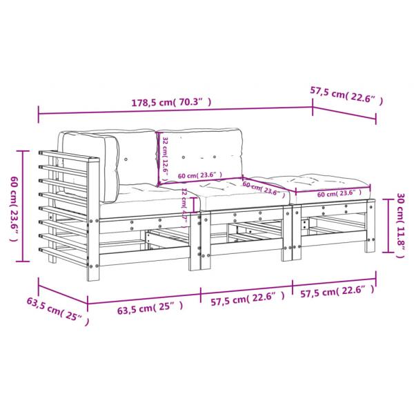 3-tlg. Garten-Lounge-Set mit Kissen Honigbraun Massivholz