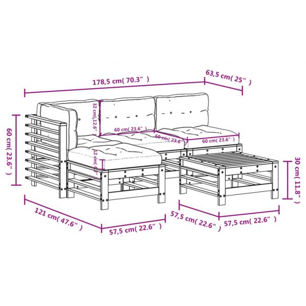 5-tlg. Garten-Lounge-Set mit Kissen Grau Massivholz