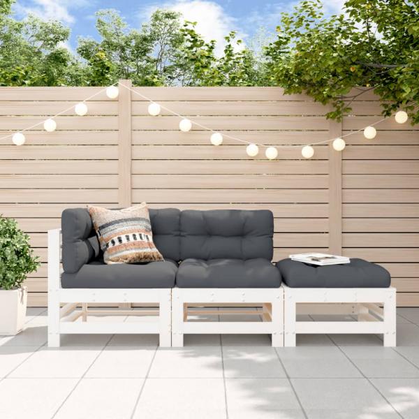 ARDEBO.de - 3-tlg. Garten-Lounge-Set mit Kissen Weiß Massivholz