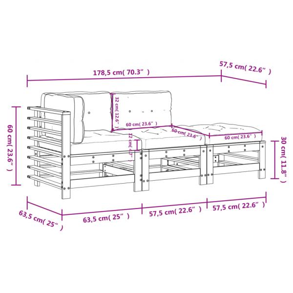 3-tlg. Garten-Lounge-Set mit Kissen Weiß Massivholz