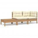 3-tlg. Garten-Lounge-Set mit Creme Kissen Massivholz Kiefer