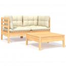 3-tlg. Garten-Lounge-Set mit Kissen in Creme Massivholz Kiefer