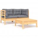 3-tlg. Garten-Lounge-Set mit Grauen Kissen Kiefer Massivholz