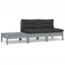 3-tlg. Garten-Lounge-Set mit Kissen Grau Kiefer Massivholz