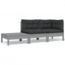 3-tlg. Garten-Lounge-Set mit Kissen in Grau Kiefer Massivholz