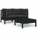 3-tlg. Garten-Lounge-Set mit Kissen Schwarz Kiefer Massivholz