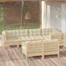 8-tlg. Garten-Lounge-Set mit Creme Kissen Massivholz Kiefer