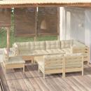 9-tlg. Garten-Lounge-Set mit Creme Kissen Massivholz Kiefer