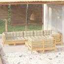 9-tlg. Garten-Lounge-Set mit Creme Kissen Massivholz Kiefer