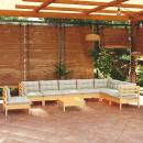 9-tlg. Garten-Lounge-Set mit Creme Kissen Massivholz Kiefer