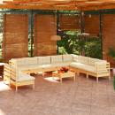 11-tlg. Garten-Lounge-Set mit Creme Kissen Massivholz Kiefer