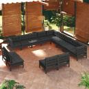 13-tlg. Garten-Lounge-Set mit Kissen Schwarz Massivholz Kiefer