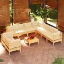 10-tlg. Garten-Lounge-Set mit Creme Kissen Massivholz Kiefer