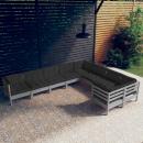 9-tlg. Garten-Lounge-Set mit Kissen Grau Kiefernholz