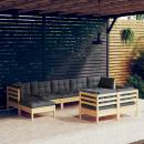 9-tlg. Garten-Lounge-Set mit Grauen Kissen Kiefer Massivholz