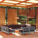 11-tlg. Garten-Lounge-Set mit Kissen Grau Kiefer Massivholz